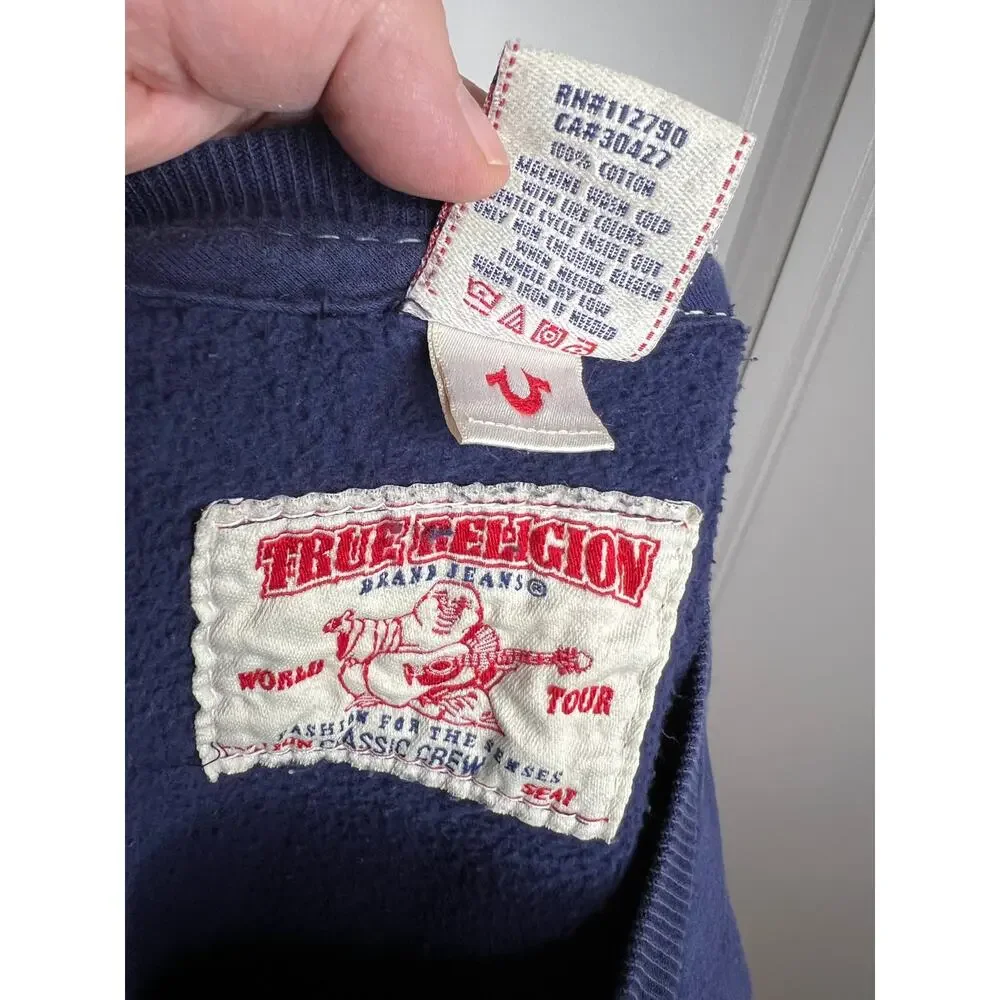 True Religion Men's Y2K Crew Neck Pullover Sweatshirt Blue ~ Size XXXL